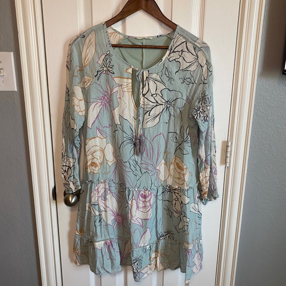 Lovestitch Floral Mini Dress Sage Green Swiss Dot Tiered Tassel Tie Medium